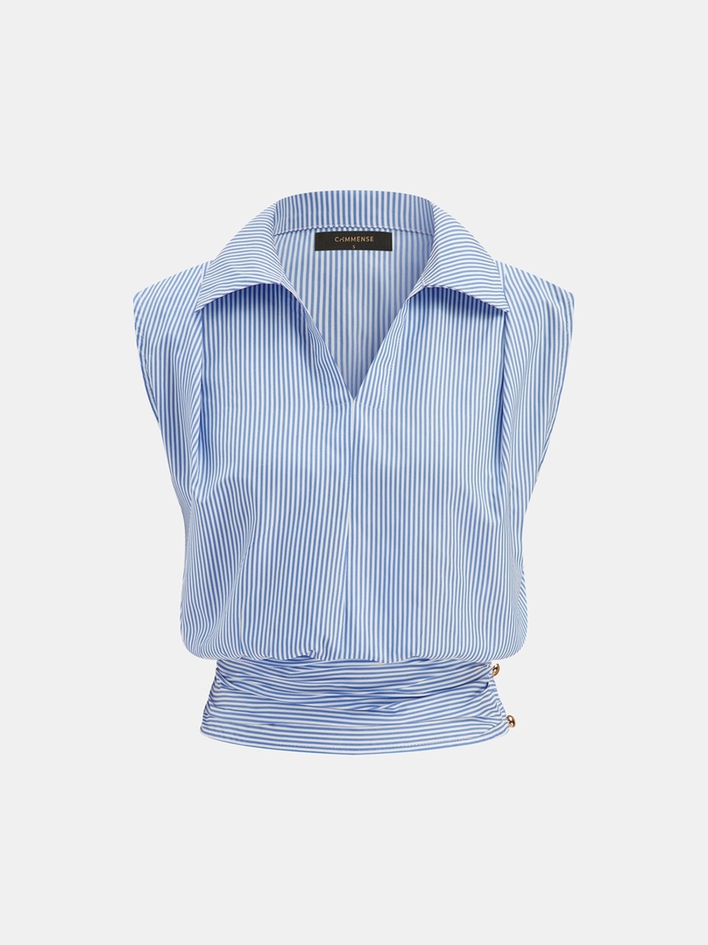 Commense Striped Collared Sleeveless Cinched Blouse - Picture 1 of 4
